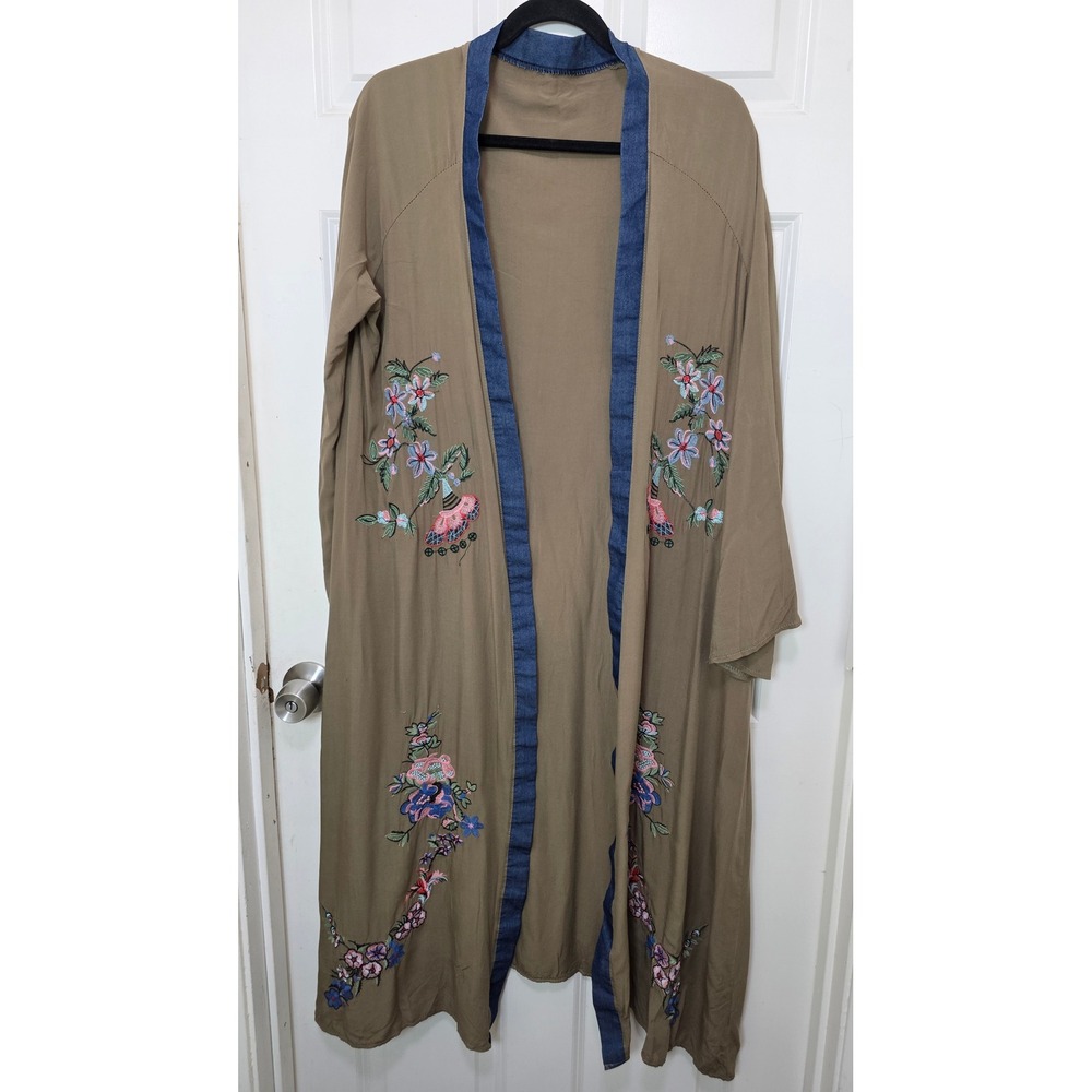Unbranded Floral Embroidered Duster Cardigan Womens OS Brown Boho Kimono Jacket